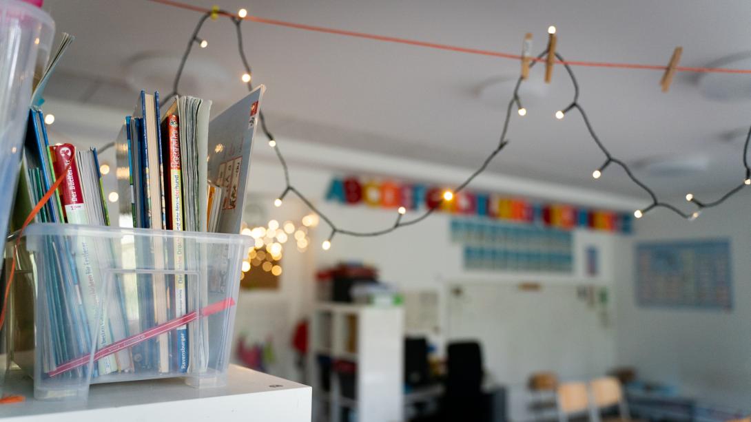 Detail of primary classroom with fairy lights